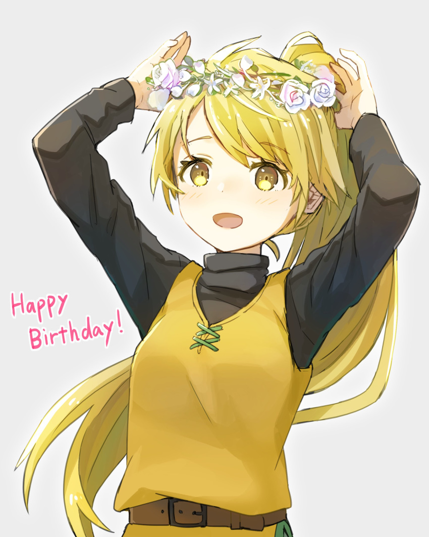1girl absurdres arms_up bangs belt blonde_hair blush brown_belt commentary_request eyebrows_visible_through_hair eyelashes floating_hair grey_background happy_birthday highres long_hair long_sleeves open_mouth peppedayo_ne pokemon pokemon_adventures ponytail solo yellow_(pokemon) yellow_eyes