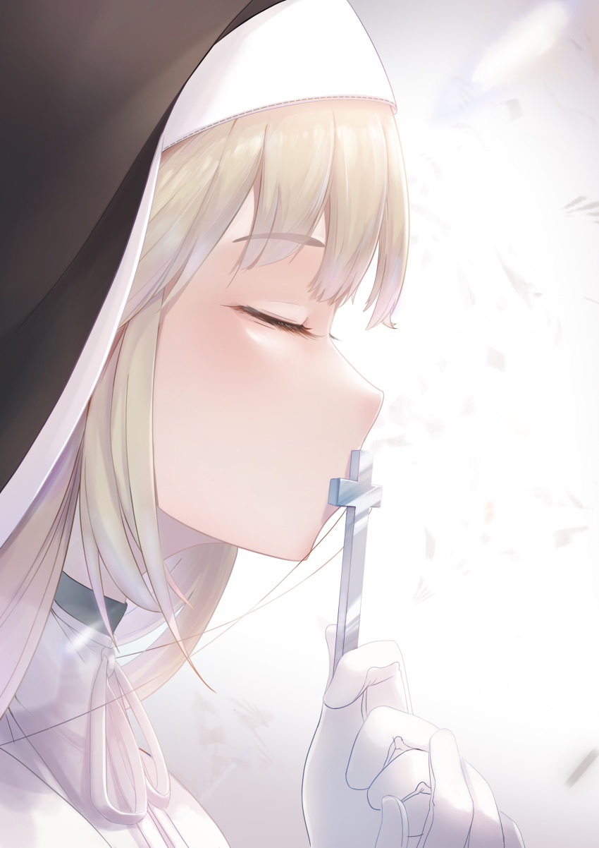 1girl absurdres bangs close-up closed_eyes cross cross_necklace eyelashes face feer553648 from_side gloves habit hair_between_eyes highres holding jewelry kiss light_brown_hair long_hair long_sleeves necklace nijisanji nun profile sister_cleaire solo turtleneck virtual_youtuber white_gloves