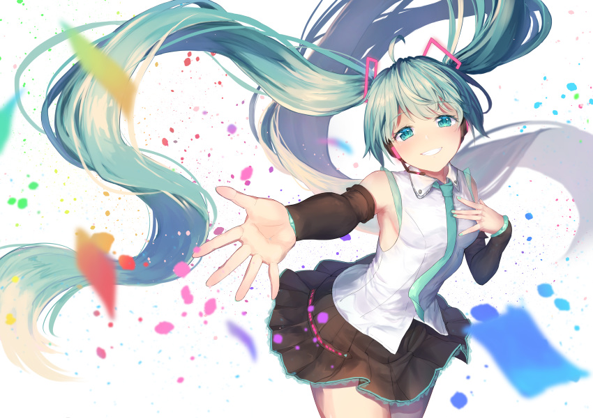 1girl absurdres aqua_neckwear black_skirt blue_eyes blue_hair breasts confetti floating_hair hand_on_own_chest happy_birthday hatsune_miku highres long_hair looking_at_viewer necktie open_hand skirt small_breasts smile solo twintails very_long_hair vocaloid yuzuha_wasa