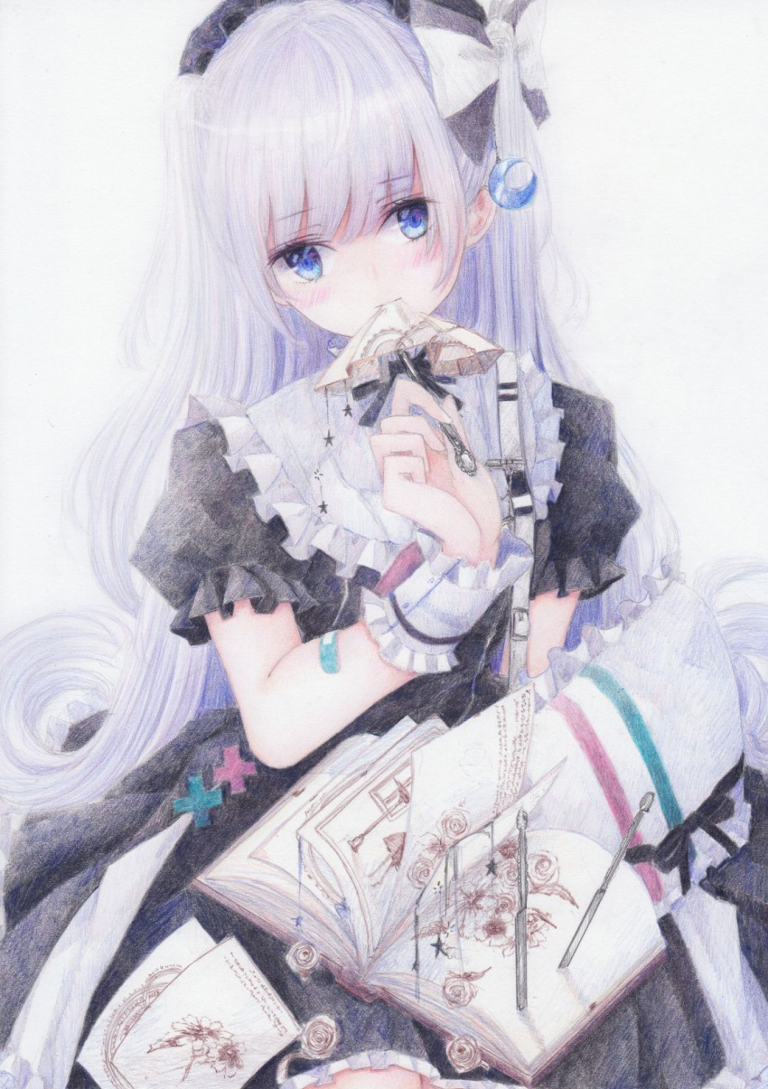 1girl bag bandaid blue_eyes blush book bow colored_pencil_(medium) darkkanan eyes_visible_through_hair gothic_lolita graphite_(medium) hair_bow hairband handbag hat highres knife lolita_fashion lolita_hairband long_hair looking_at_viewer original scenery shoulder_bag simple_background sitting solo traditional_media watercolor_(medium) white_hair wristband