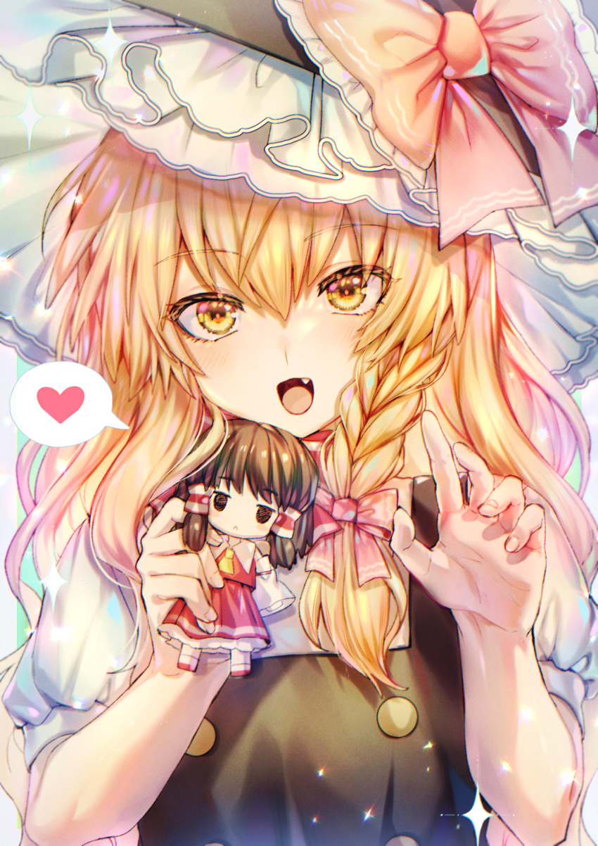 1girl arms_up black_headwear black_vest blonde_hair bow braid character_doll claw_pose doll eyebrows_visible_through_hair fang hair_between_eyes hair_ribbon hakurei_reimu hat hat_bow head_tilt heart here_(hr_rz_ggg) highres holding holding_doll kirisame_marisa long_hair open_mouth puffy_short_sleeves puffy_sleeves ribbon shirt short_sleeves single_braid solo sparkle spoken_heart standing touhou tress_ribbon upper_body very_long_hair vest white_shirt yellow_eyes