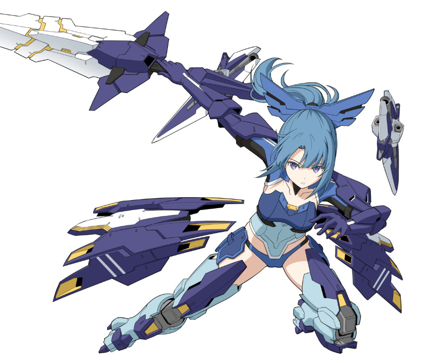 1girl alice_gear_aegis blue_hair elbow_gloves english_commentary gloves holding holding_sword holding_weapon mecha_musume parted_lips pinakes ponytail shorts simple_background solo sword takanashi_rei violet_eyes weapon