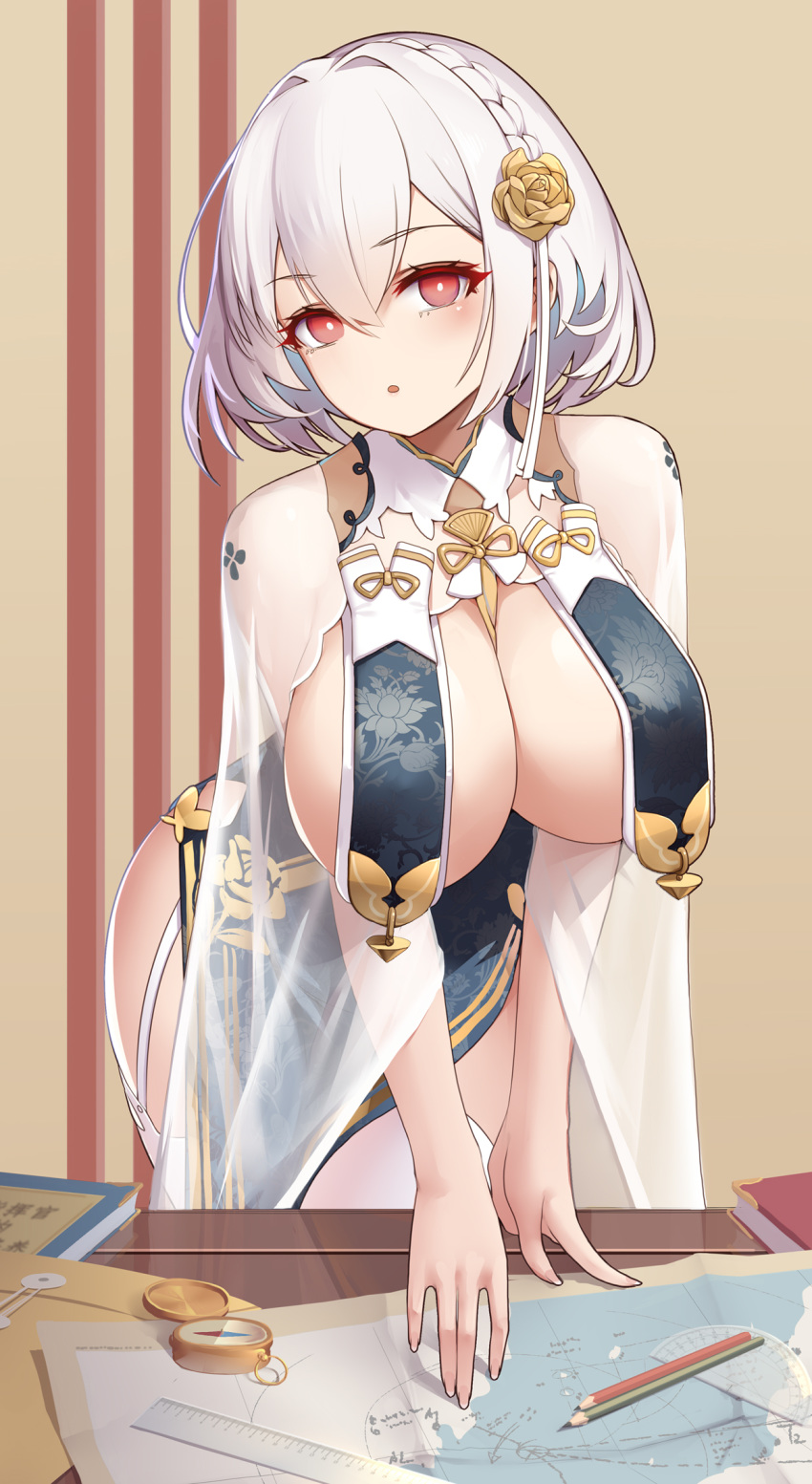1girl :o azur_lane bangs beige_background between_breasts book braid breast_curtains breasts china_dress chinese_clothes cloak compass cowboy_shot crown_braid dress envelope eyelashes fingernails flower garter_straps hair_between_eyes hair_flower hair_intakes hair_ornament hand_on_table head_tilt highres large_breasts leaning_forward liu_lan looking_at_viewer map pelvic_curtain pencil protractor red_eyes revealing_clothes ruler see-through short_hair sirius_(azur_lane) solo standing stationery table thigh-highs white_hair white_legwear