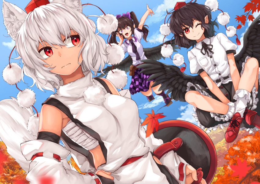 3girls absurdres animal_ears autumn_leaves bare_shoulders bird_wings black_hair black_legwear black_ribbon black_skirt black_wings breasts brown_hair checkered checkered_skirt collared_shirt detached_sleeves geta hat highres himekaidou_hatate inubashiri_momiji large_breasts looking_at_another medium_breasts medium_skirt multiple_girls nature necktie one_eye_closed open_mouth outdoors pointy_ears pom_pom_(clothes) red_eyes ribbon ribbon-trimmed_sleeves ribbon_trim sarashi shameimaru_aya shield shirokaba114 shirt short_hair silver_hair skirt sleeveless sleeveless_shirt small_breasts tail tokin_hat touhou turtleneck twintails white_shirt wings wolf_ears wolf_tail