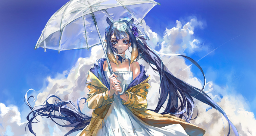 1girl absurdres bangs black_hair clouds flat_chest floating_hair flower hair_flower hair_ornament highres holding holding_umbrella hololive hololive_english jacket latin_commentary long_hair ninomae_ina'nis off_shoulder pointy_ears ponytail purple_flower quasarcake sky smile solo tentacle_hair transparent transparent_umbrella umbrella very_long_hair virtual_youtuber yellow_jacket