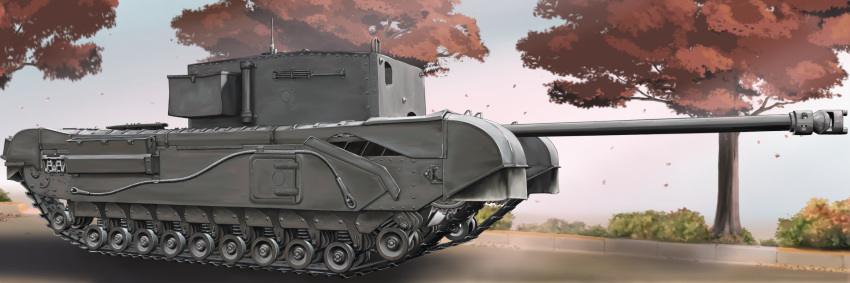 artist_request bush caterpillar_tracks churchill_(tank) churchill_gin_carrier commentary_request day evening ground_vehicle highres leaf military military_vehicle motor_vehicle no_humans road tank tank_destroyer tree wargaming_japan world_of_tanks