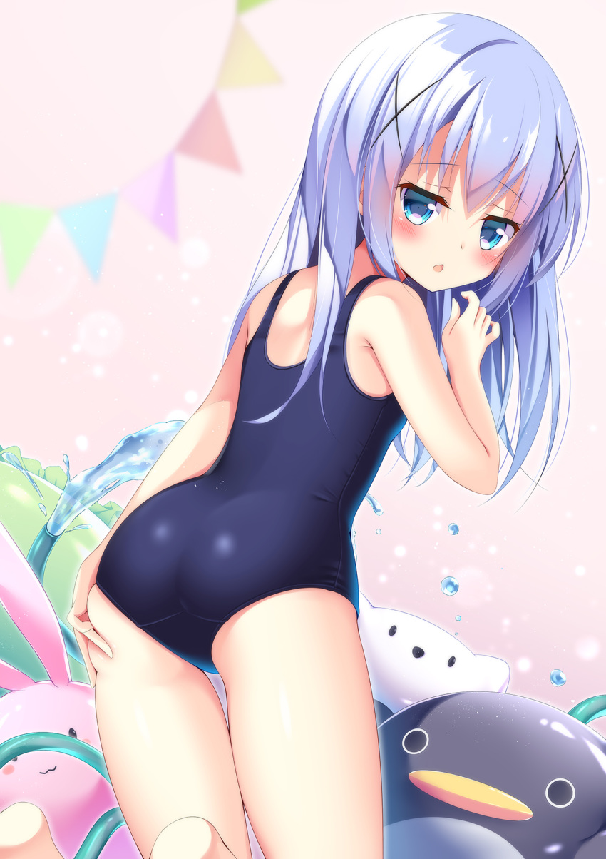 1girl blue_eyes blue_swimsuit commentary cowboy_shot from_behind gochuumon_wa_usagi_desu_ka? hair_ornament hatsuhi highres hose inflatable_penguin inflatable_rabbit inflatable_toy kafuu_chino light_blue_hair looking_at_viewer looking_back school_swimsuit solo standing string_of_flags swimsuit water x_hair_ornament