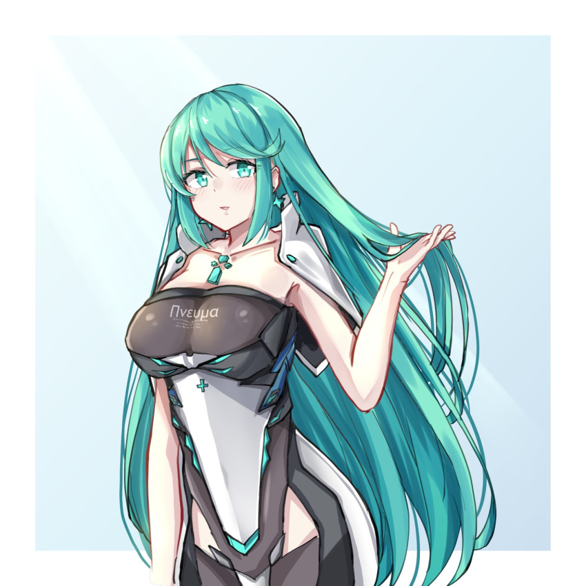 1girl bangs bare_arms bare_shoulders blush breasts chest_jewel cowboy_shot earrings green_eyes green_hair hair_down highres jewelry large_breasts long_hair looking_at_viewer pneuma_(xenoblade) sarasadou_dan solo swept_bangs very_long_hair xenoblade_chronicles_(series) xenoblade_chronicles_2