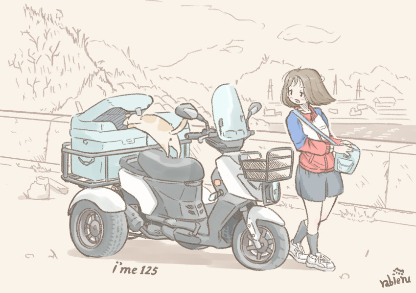 1girl bag black_eyes brown_hair cat floating_hair ground_vehicle looking_back moped motor_vehicle original pgo_i'me125 rabienu short_hair vehicle_focus