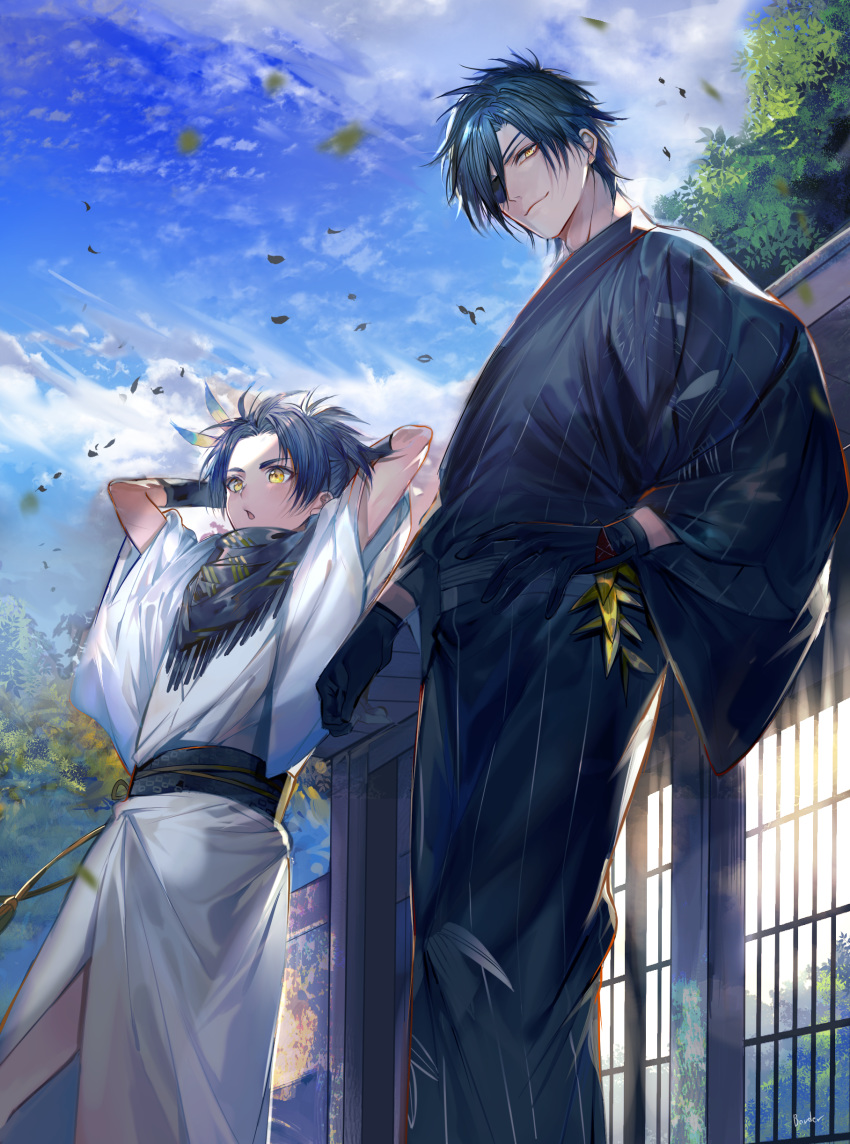 2boys absurdres architecture arms_behind_head black_gloves black_hair blue_hair blue_sky border0715 clouds east_asian_architecture eyepatch feathers from_below gloves hair_feathers hand_on_hip highres japanese_clothes kimono leaf male_focus multiple_boys scarf shokudaikiri_mitsutada sky smile taikogane_sadamune touken_ranbu tree yellow_eyes yukata