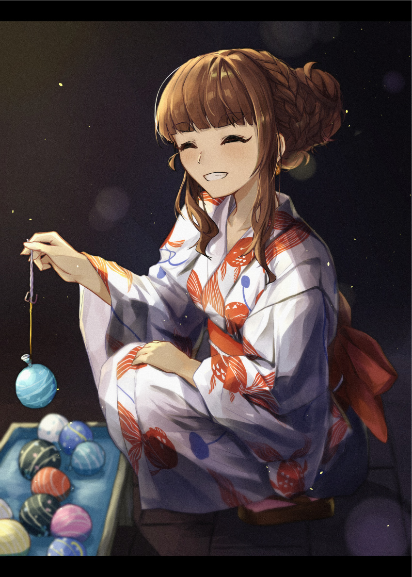 1girl absurdres blush brown_hair closed_eyes film_grain hair_bun highres idolmaster idolmaster_cinderella_girls japanese_clothes kamiya_nao kimono kneeling lens_flare long_hair looking_at_viewer night sandals shino_sto sidelocks simple_background smile solo