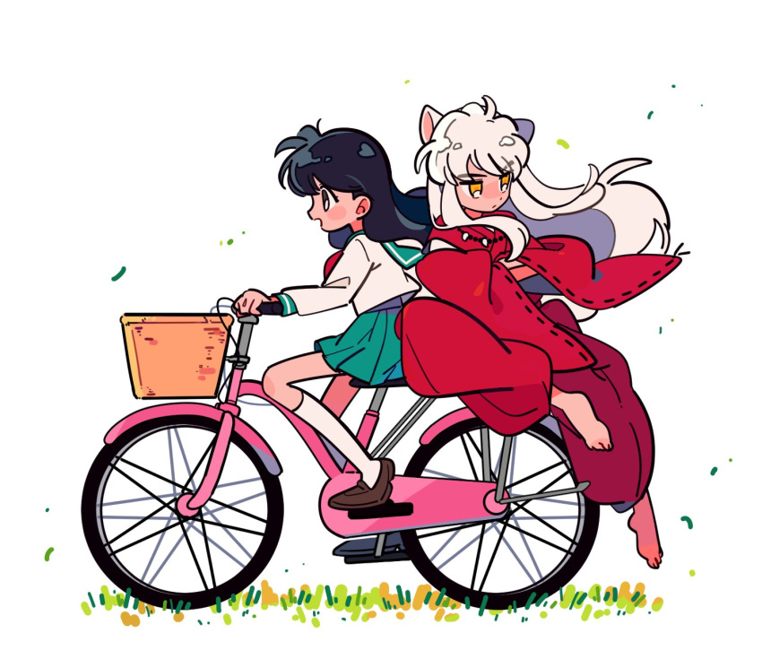 1boy 1girl ahoge animal_ears barefoot bicycle bicycle_basket black_hair blush brown_footwear chueog crossed_arms dot_nose fox_ears full_body grass green_sailor_collar green_skirt ground_vehicle highres higurashi_kagome inuyasha inuyasha_(character) japanese_clothes jewelry kimono kneehighs loafers long_hair looking_ahead looking_to_the_side neckerchief necklace open_mouth pleated_skirt red_kimono red_neckwear riding_bicycle sailor_collar shiny shiny_hair shoes sidelocks simple_background skirt smile tooth_necklace white_background white_hair white_legwear yellow_eyes
