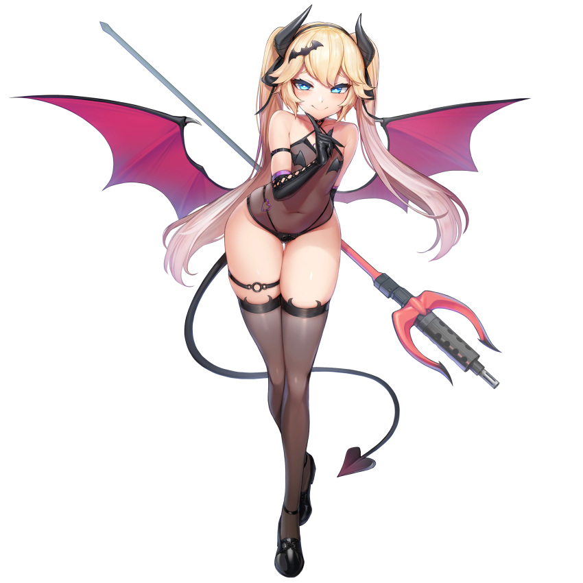 1girl bangs black_legwear blonde_hair blue_eyes blush demon_girl demon_horns demon_tail demon_wings flat_chest highres horns last_origin leotard long_hair looking_at_viewer mary_janes mh-4_thetis navel official_art polearm see-through shoes smile solo tachi-e tail thigh-highs thigh_gap transparent_background trident twintails weapon wings