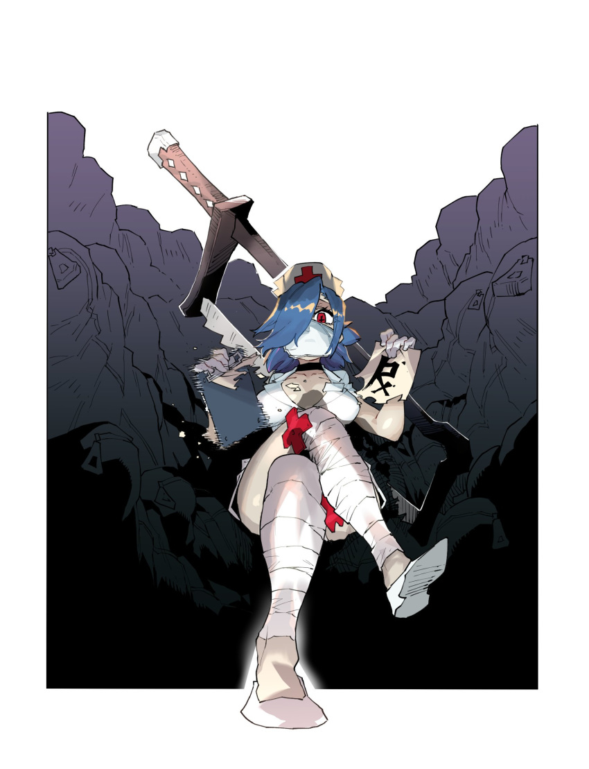 +_+ 1girl absurdres bandaged_arm bandages blue_hair border breasts breasts_apart clipboard commentary crossed_legs english_commentary gloves hair_over_one_eye hat highres holding large_breasts looking_at_viewer mask mouth_mask nurse_cap one_eye_covered red_cross red_eyes saw shoes sitting skullgirls solo ssambatea tearing_paper valentine_(skullgirls) white_border white_footwear white_gloves