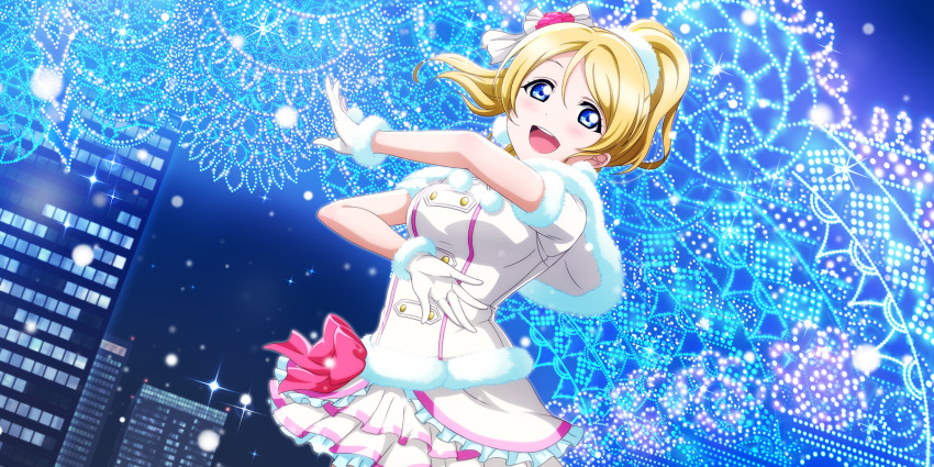 1girl artist_request ayase_eli blonde_hair blue_eyes blush bow building city_lights cityscape dancing gloves hair_ribbon highres lights long_hair looking_at_viewer love_live! love_live!_school_idol_festival_all_stars love_live!_school_idol_project night night_sky official_art open_mouth ponytail ribbon scrunchie skirt sky skyscraper smile snow snow_halation solo white_gloves white_scrunchie