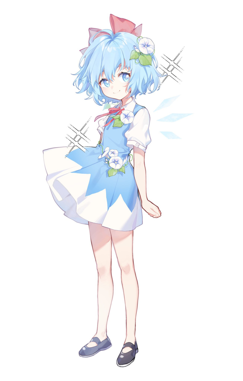 1girl arin_(fanfan013) bare_legs black_footwear blue_dress blue_eyes blue_hair bow cirno collared_shirt dress flower full_body hair_bow hair_flower hair_ornament highres ice ice_wings light_smile looking_at_viewer no_socks puffy_short_sleeves puffy_sleeves red_bow red_ribbon ribbon shirt shoes short_dress short_hair short_sleeves simple_background sleeveless sleeveless_dress solo touhou white_background white_flower white_shirt wing_collar wings