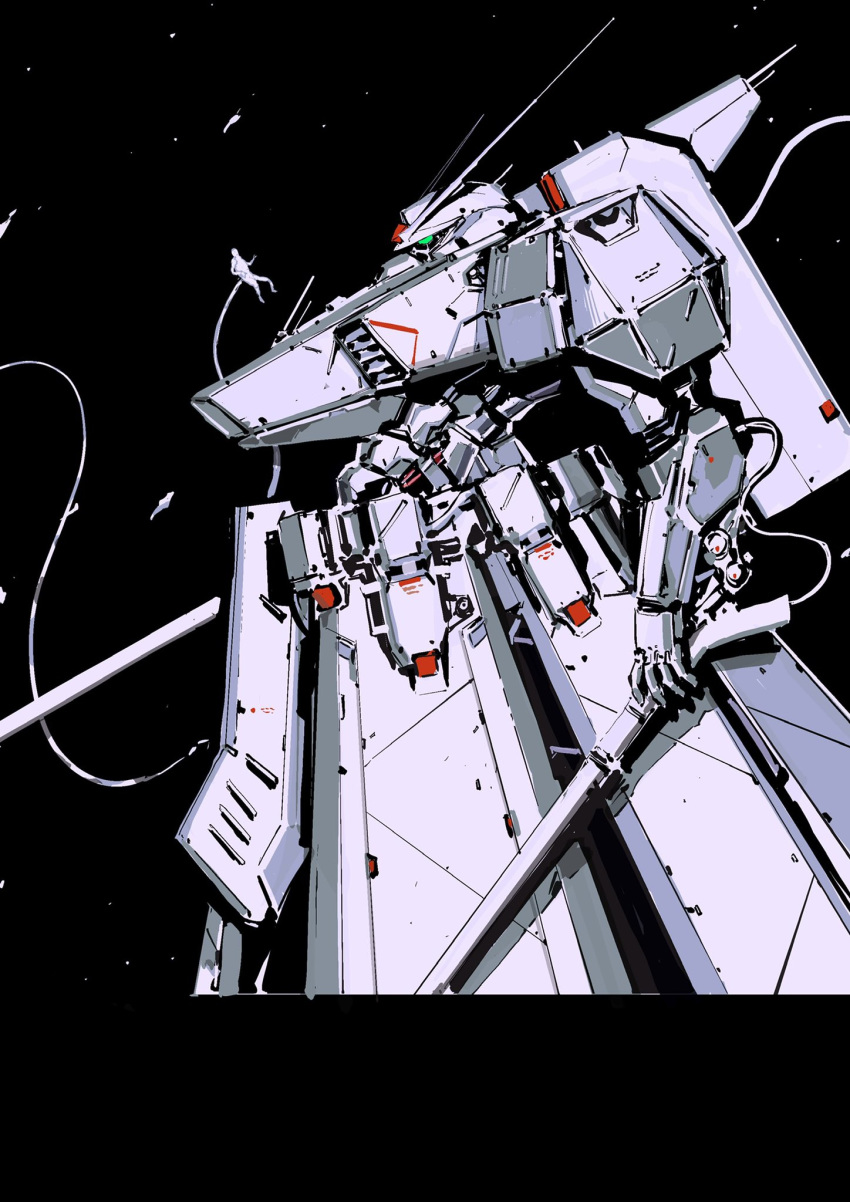 astronaut english_commentary floating from_side green_eyes gun highres holding holding_gun holding_weapon mecha original siku199 silhouette solo space v-fin weapon