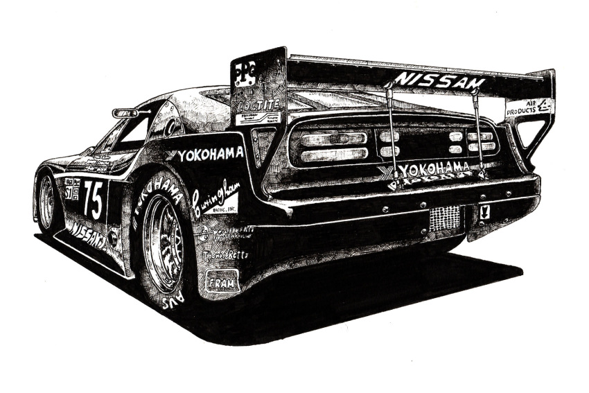 ballpoint_pen_(medium) car company_name from_behind ground_vehicle highres monochrome motor_vehicle nissan nissan_300zx no_humans original spoiler_(automobile) traditional_media tsumujimagari vehicle_focus white_background