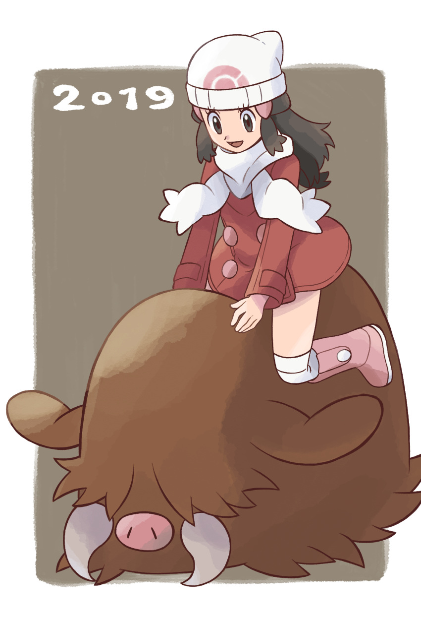 1girl beanie boots buttons coat commentary_request dated hikari_(pokemon) eyelashes gen_2_pokemon grey_eyes grey_hair hair_ornament hairclip hat highres long_hair long_sleeves looking_down open_mouth over-kneehighs piloswine pink_footwear pokemon pokemon_(creature) pokemon_(game) pokemon_dppt pokemon_platinum red_coat riding_pokemon sawa_(soranosawa) scarf sidelocks smile thigh-highs tongue white_headwear white_legwear white_scarf