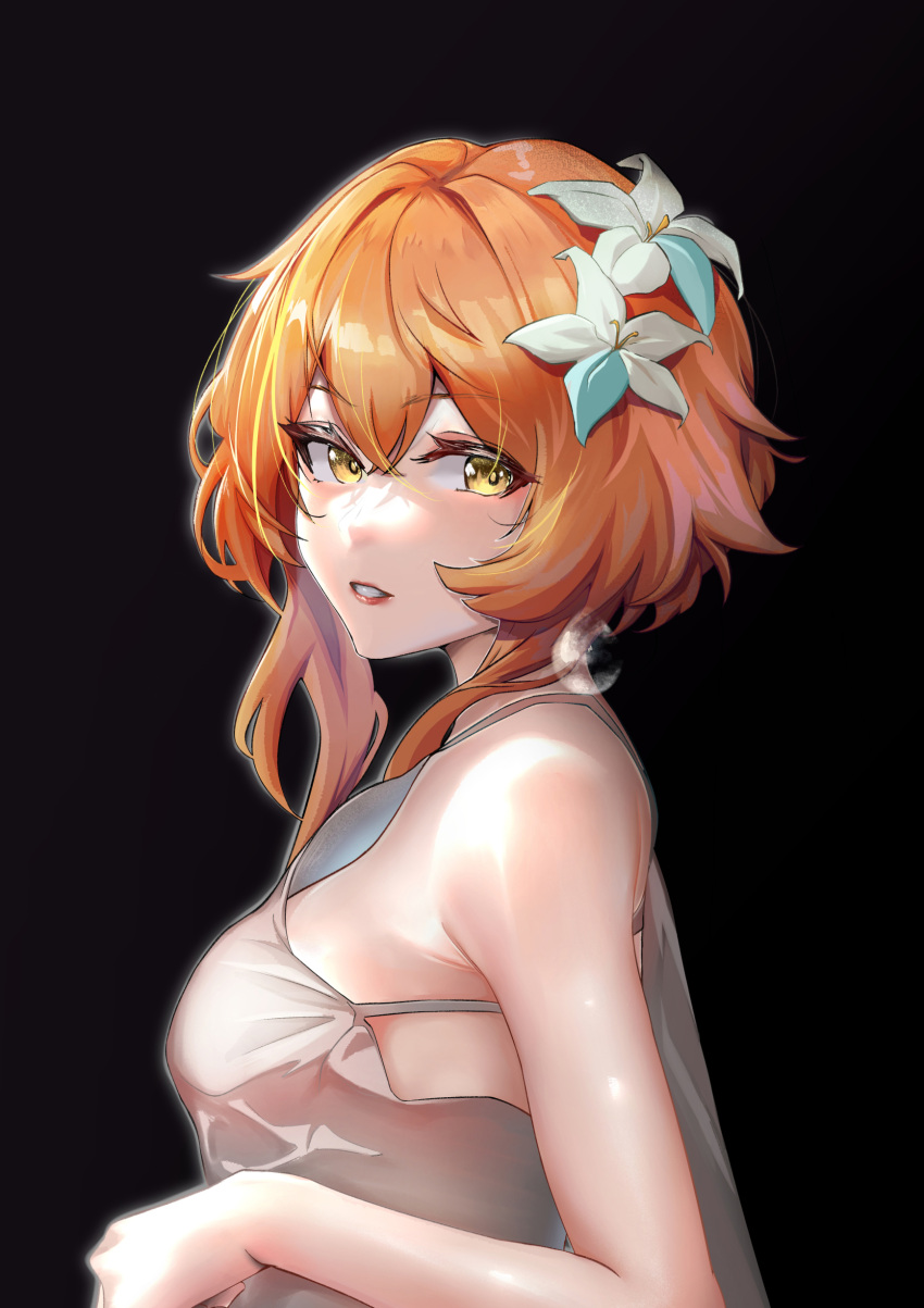 1girl absurdres bangs black_background blush breasts dress dynamotor eyebrows_visible_through_hair flower genshin_impact hair_flower hair_ornament highres looking_at_viewer looking_to_the_side lumine_(genshin_impact) medium_hair open_mouth orange_hair parted_lips solo teeth upper_body white_dress yellow_eyes