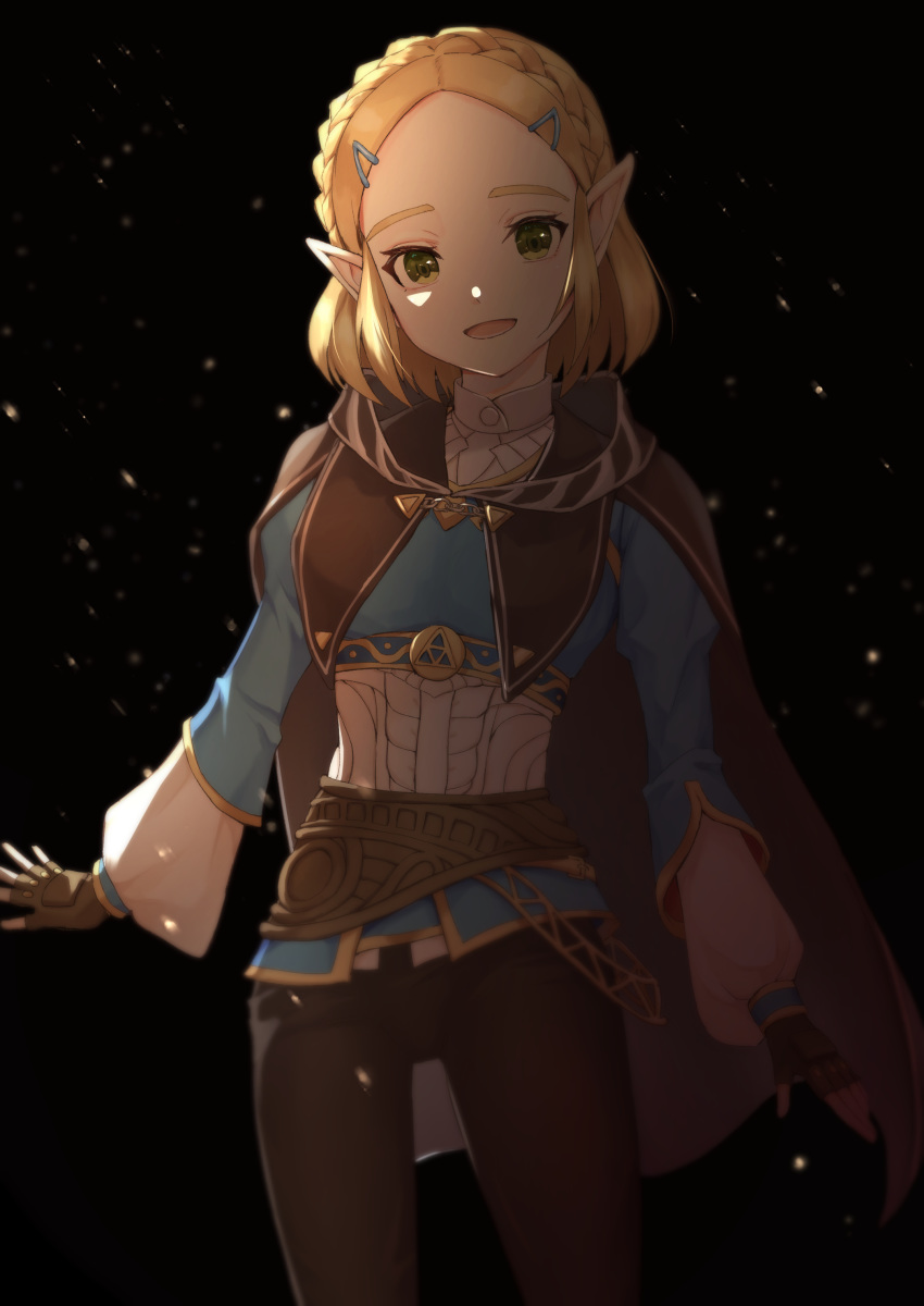1girl absurdres bangs black_background blonde_hair blush braid breasts brown_pants cape commentary_request cowboy_shot crown_braid fingerless_gloves forehead gloves green_eyes hair_ornament hairclip highres long_sleeves looking_at_viewer open_mouth pale_skin pants parted_bangs pointy_ears princess_zelda short_hair smile solo tete_tuyuten the_legend_of_zelda the_legend_of_zelda:_breath_of_the_wild the_legend_of_zelda:_breath_of_the_wild_2 triforce