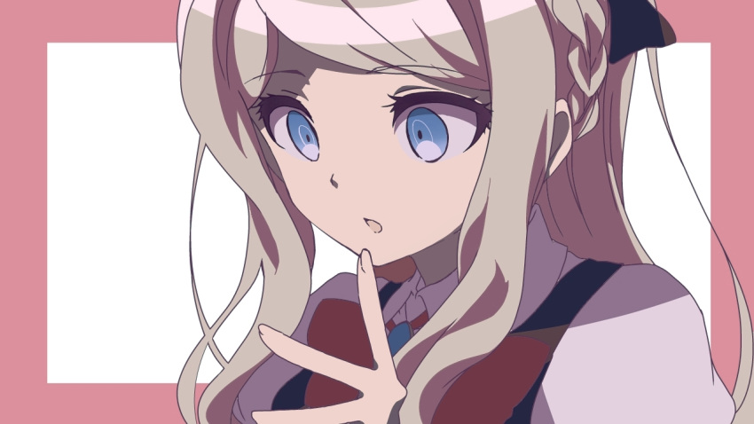 1girl anime_coloring bangs black_bow blonde_hair blue_eyes border bow bowtie braid collared_shirt commentary_request dangan_ronpa dress eyebrows_visible_through_hair eyelashes face finger_to_chin gem green_dress hair_bow long_hair looking_away looking_down neck_ribbon outside_border parted_lips pinafore_dress pink_border portrait puffy_short_sleeves puffy_sleeves red_neckwear ribbon ringed_eyes sakana_(14894735) shirt short_sleeves simple_background solo sonia_nevermind super_dangan_ronpa_2 swept_bangs white_background white_shirt wing_collar