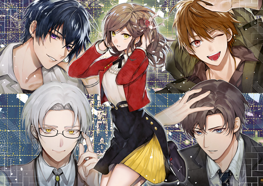 +_+ 1girl 4boys ;d adjusting_eyewear black_hair blue_eyes braid brown_hair closed_mouth collared_shirt cropped_jacket dress ear_piercing eyebrows_visible_through_hair glasses grey_hair long_hair looking_at_viewer male_harem mole mole_under_eye multiple_boys necktie one_eye_closed open_mouth parted_lips piercing red_eyes shirt short_hair skirt smile tcb violet_eyes yellow_eyes