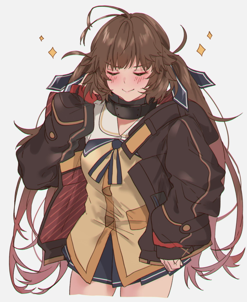 1girl antenna_hair aogisa baggy_clothes blazer blue_ribbon blue_skirt blush brown_hair brown_jacket closed_eyes girls_frontline gradient_hair grey_background hair_ribbon highres jacket long_hair m14_(girls_frontline) mod3_(girls_frontline) multicolored_hair open_clothes open_jacket pleated_skirt ribbon sidelocks simple_background skirt smile solo sparkle twintails