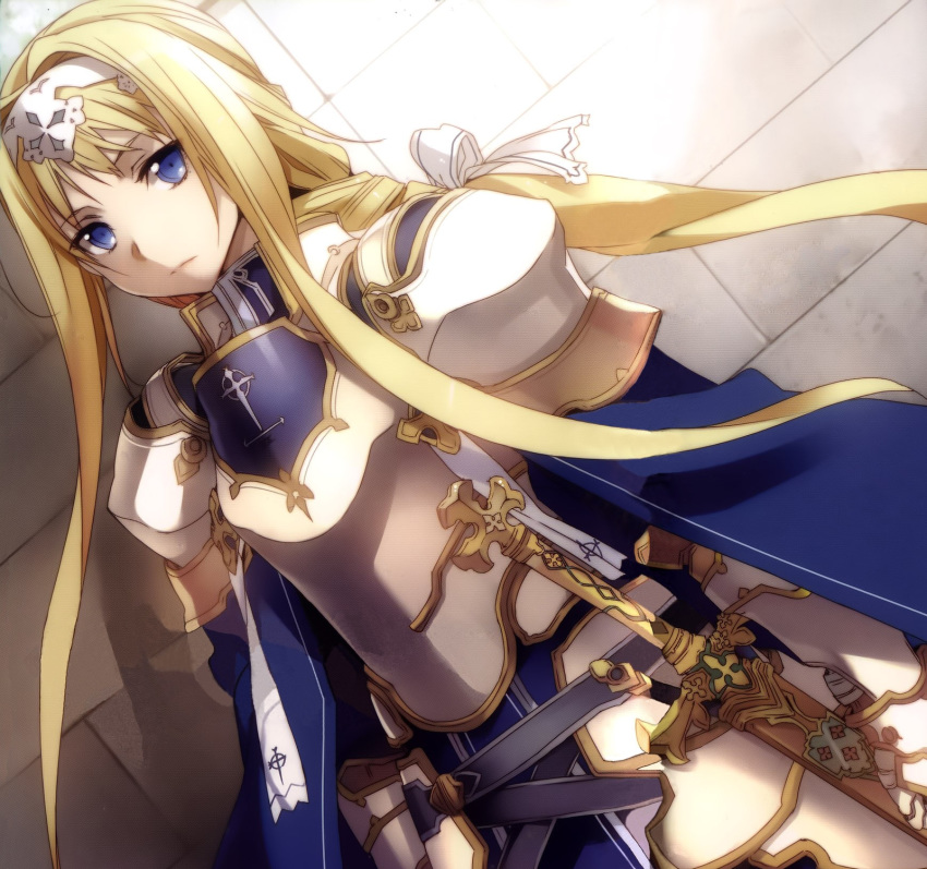 alice_zuberg armor armored_dress bangs blonde_hair blue_cape blue_eyes breastplate brick_wall cape dagger gauntlets girl hairband highres long_hair looking_at_viewer ponytail sheath solo sword sword_art_online sword_art_online:_alicization very_long_hair weapon