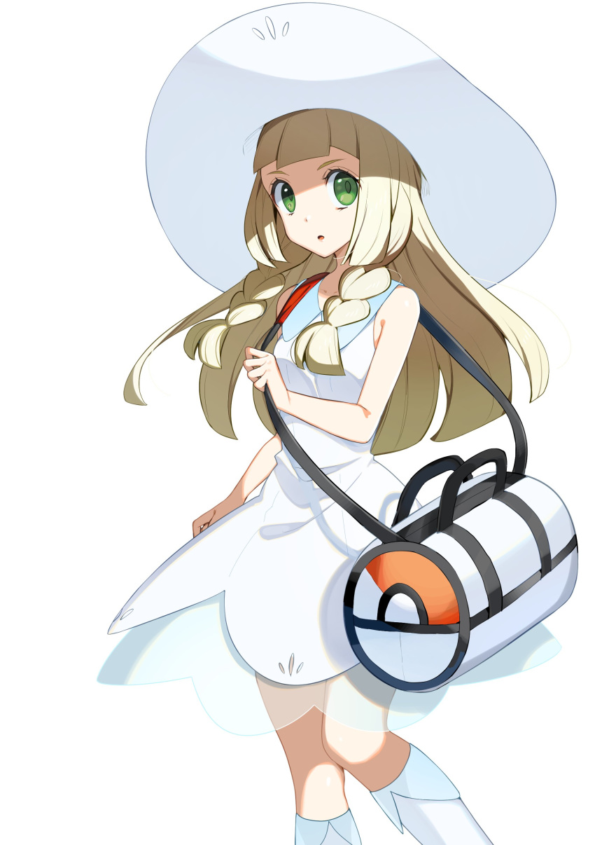 1girl absurdres bag bare_arms blonde_hair braid commentary_request dress duffel_bag eyelashes floating_hair green_eyes hat highres holding_strap lillie_(pokemon) long_hair open_mouth pokemon pokemon_(game) pokemon_sm see-through simple_background sleeveless sleeveless_dress socks solo tongue twin_braids white_background white_dress white_headwear white_legwear yuihico