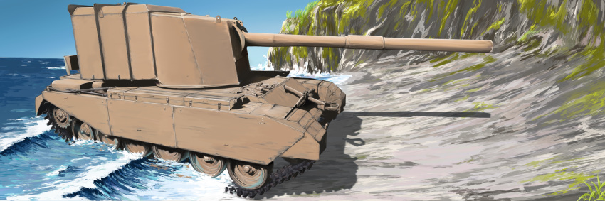 absurdres artist_request beach caterpillar_tracks cliff commentary_request day fv4005_centaur grass ground_vehicle highres military military_vehicle motor_vehicle no_humans ocean sky tank wargaming_japan water world_of_tanks