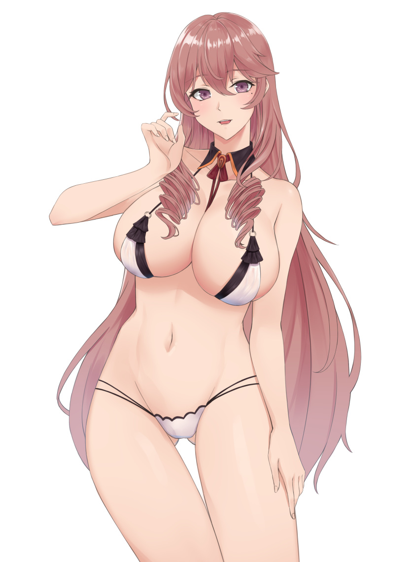 1girl absurdres algerie_(azur_lane) algerie_(white_sand_angel)_(azur_lane) ass_visible_through_thighs azur_lane bikini black_collar breasts brown_bikini brown_eyes brown_hair collar detached_collar drill_hair eyebrows_visible_through_hair highres large_breasts long_hair multi-strapped_bikini multiple_straps o-ring o-ring_top qiye_luoying simple_background solo swimsuit twin_drills two-tone_bikini very_long_hair white_background white_bikini