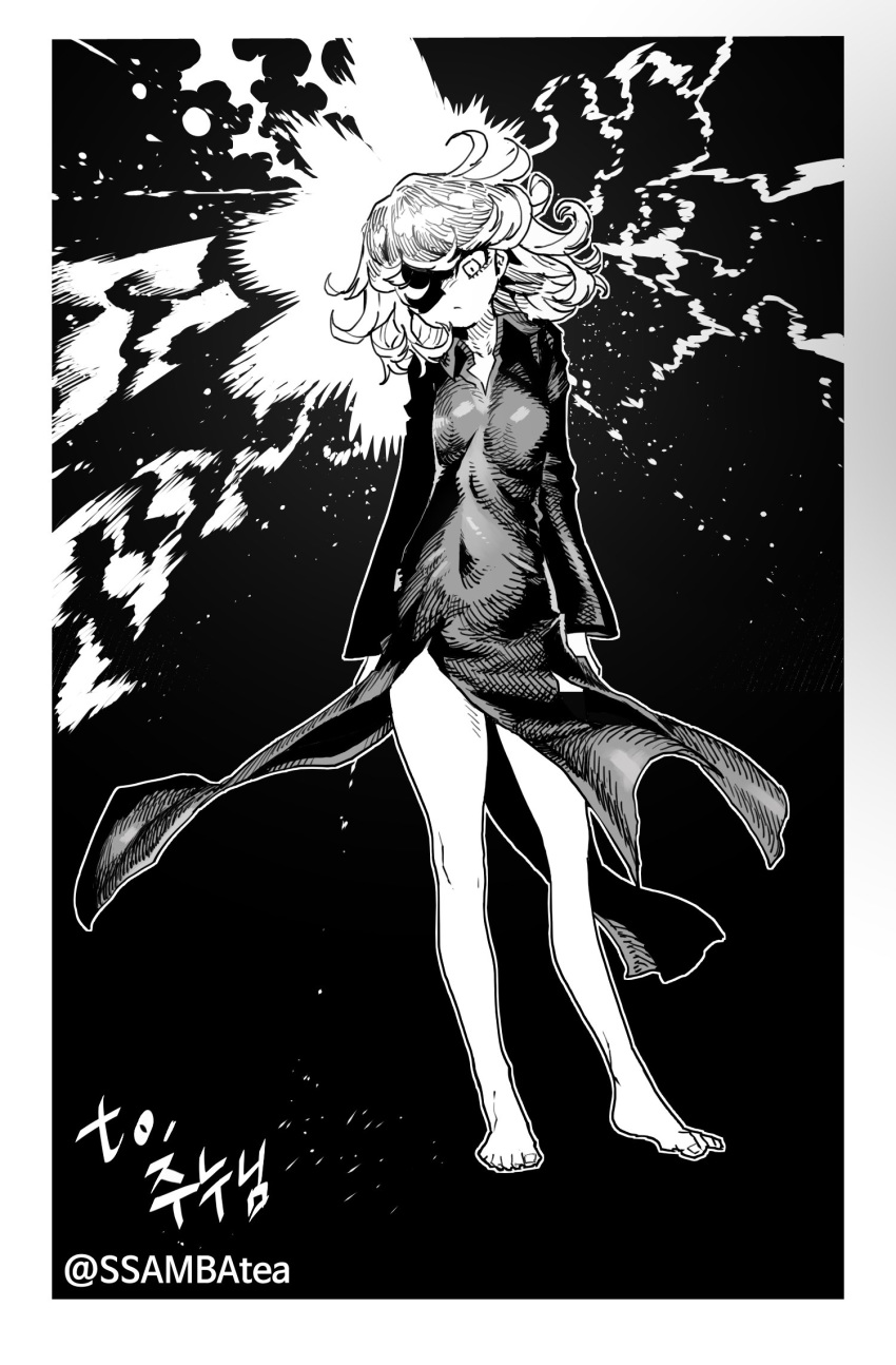 1girl barefoot border breasts closed_mouth covered_navel curly_hair dress greyscale head_tilt highres korean_text long_sleeves looking_at_viewer medium_hair monochrome one-punch_man shaded_face small_breasts solo ssambatea standing tatsumaki toenails translation_request twitter_username white_border