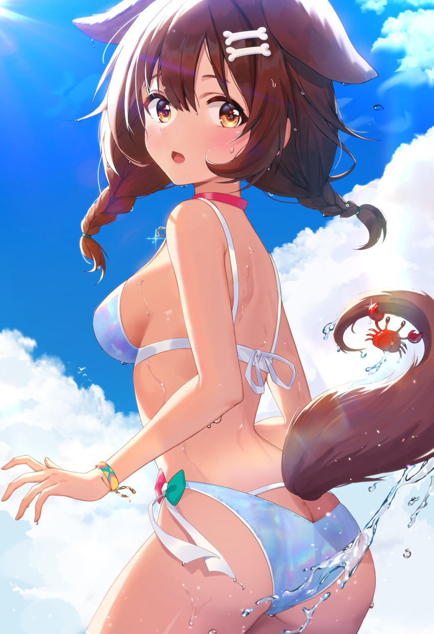 1girl :o animal_ears ass back bangs bare_arms bare_shoulders bikini bird blue_sky bone_hair_ornament braid breasts brown_eyes brown_hair butt_crack choker clothing_cutout clouds cowboy_shot crab day dog_ears dog_girl dog_tail from_behind hair_between_eyes highres hololive inugami_korone looking_at_viewer looking_back medium_breasts open_mouth outdoors pink_choker pn_(wnsl216) sideboob sky solo sparkle splashing swimsuit tail tail_cutout twin_braids virtual_youtuber water white_bikini wristband