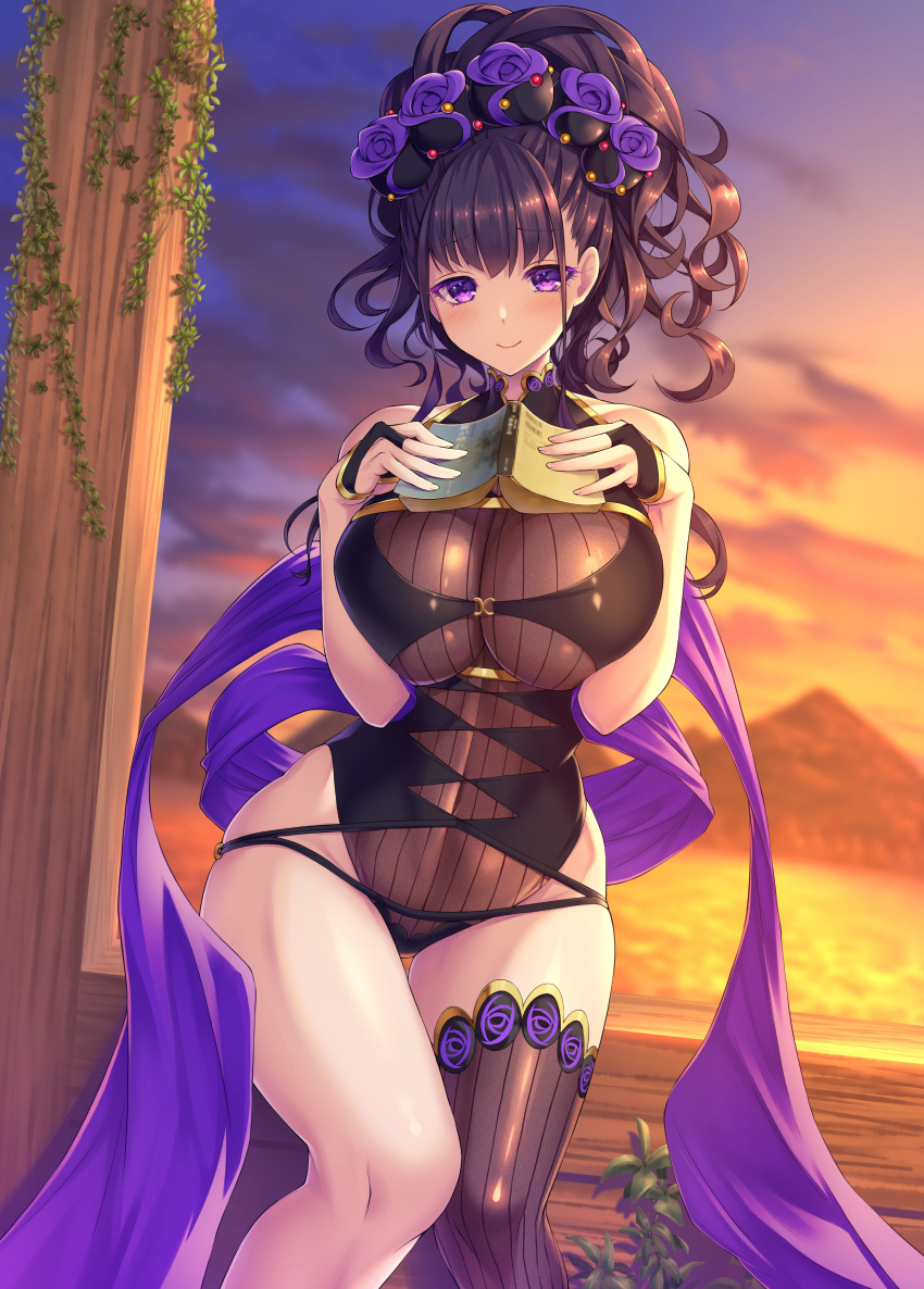 1girl absurdres armlet bangs bare_shoulders beach black_gloves black_swimsuit blush book breasts closed_mouth commentary_request covered_navel emanon123 fate/grand_order fate_(series) fingerless_gloves flower gloves gold_trim gradient_sky hair_flower hair_ornament hair_up half_gloves highleg highleg_swimsuit highres holding holding_book large_breasts long_hair looking_at_viewer murasaki_shikibu_(fate) murasaki_shikibu_(swimsuit_rider)_(fate) one-piece_swimsuit orange_sky purple_hair purple_sky shawl single_thighhigh sky smile swimsuit thigh-highs thighs tied_hair twilight violet_eyes
