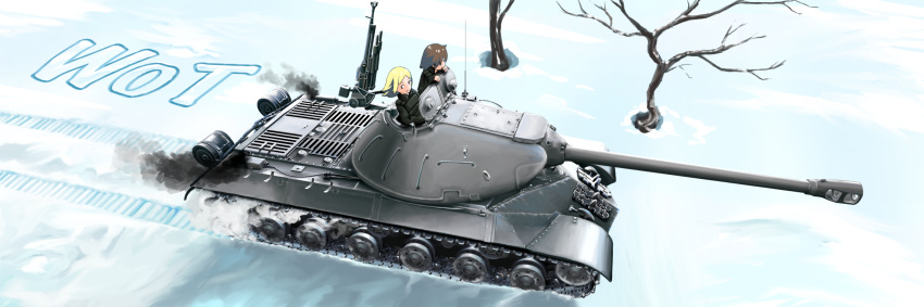 2girls artist_request blonde_hair blue_eyes brown_hair caterpillar_tracks commentary_request ground_vehicle gun highres is-3 looking_to_the_side machine_gun military military_uniform military_vehicle motor_vehicle multiple_girls snow tank tree uniform wargaming_japan weapon winter world_of_tanks