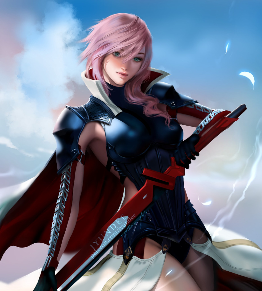 1girl armor asymmetrical_hair black_gloves black_panties blue_eyes blue_sky breastplate breasts cape commentary english_commentary eyelashes feathers final_fantasy final_fantasy_xiii gloves hair_between_eyes high_collar highres holding holding_sword holding_weapon jyundee lightning_farron lips long_hair medium_breasts nose panties pantyshot pauldrons pink_hair shoulder_armor showgirl_skirt sky solo standing sword underwear weapon