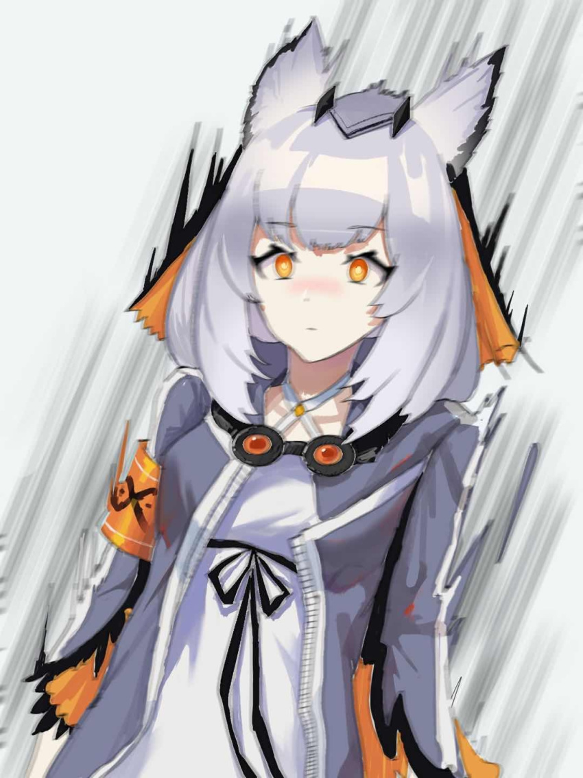 1girl arknights armband bangs coat dress eyebrows_visible_through_hair goggles goggles_around_neck grey_coat highres long_sleeves mtzgd open_clothes open_coat orange_eyes owl_ears pointy_hair ptilopsis_(arknights) rhine_lab_logo short_hair silver_hair solo surprised white_dress wide-eyed