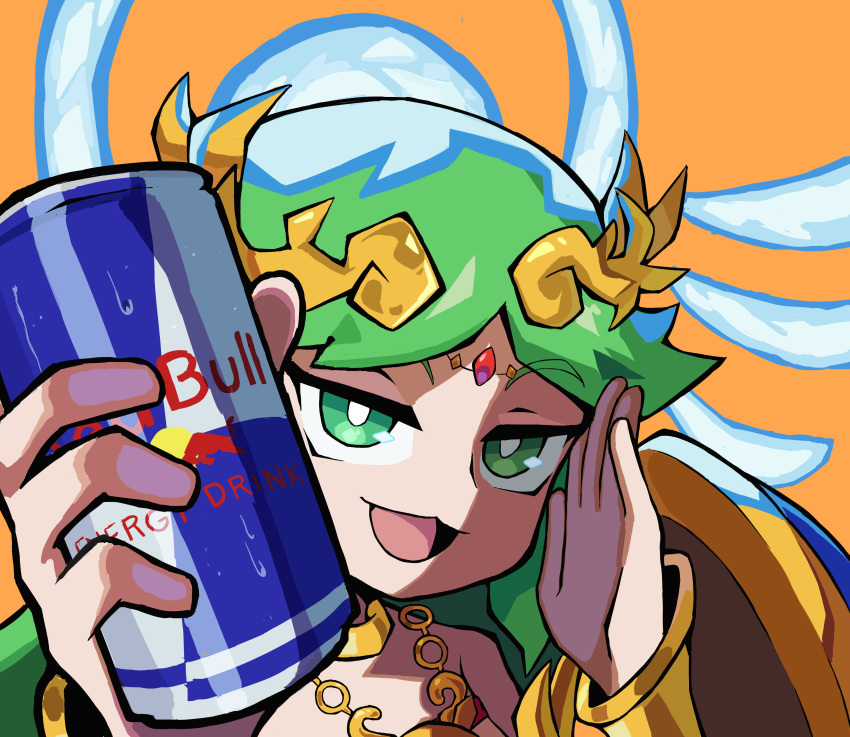 1girl absurdres can english_commentary green_eyes green_hair hand_up highres holding holding_can kid_icarus kid_icarus_uprising orange_background palutena pov red_bull rising_(risingacetrainer) shadow solo