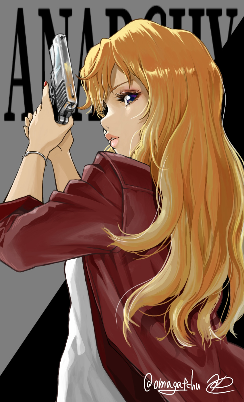 1girl artist_name blonde_hair bracelet english_text eyeshadow fingernails gun handgun highres holding holding_gun holding_weapon jewelry long_hair makeup omagacchu original parted_lips pink_lips pistol red_nails signature sleeves_rolled_up solo twitter_username violet_eyes weapon