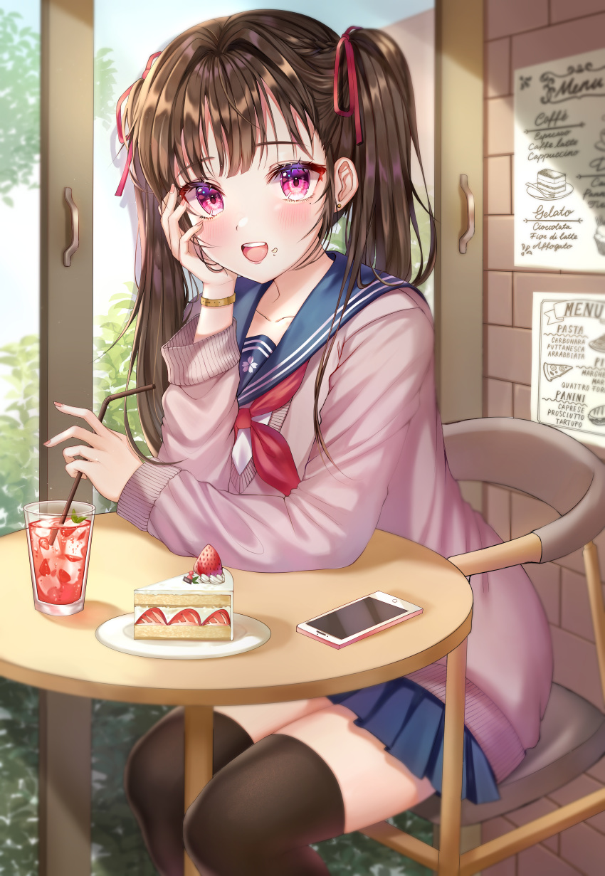 1girl absurdres aina_156cm bangs blue_skirt blush brown_hair cake cake_slice chair collarbone ear_piercing food food_on_face fruit highres holding huge_filesize long_hair looking_at_viewer open_mouth original piercing plate pleated_skirt restaurant school_uniform sitting skirt smile solo strawberry symbol_commentary thigh-highs