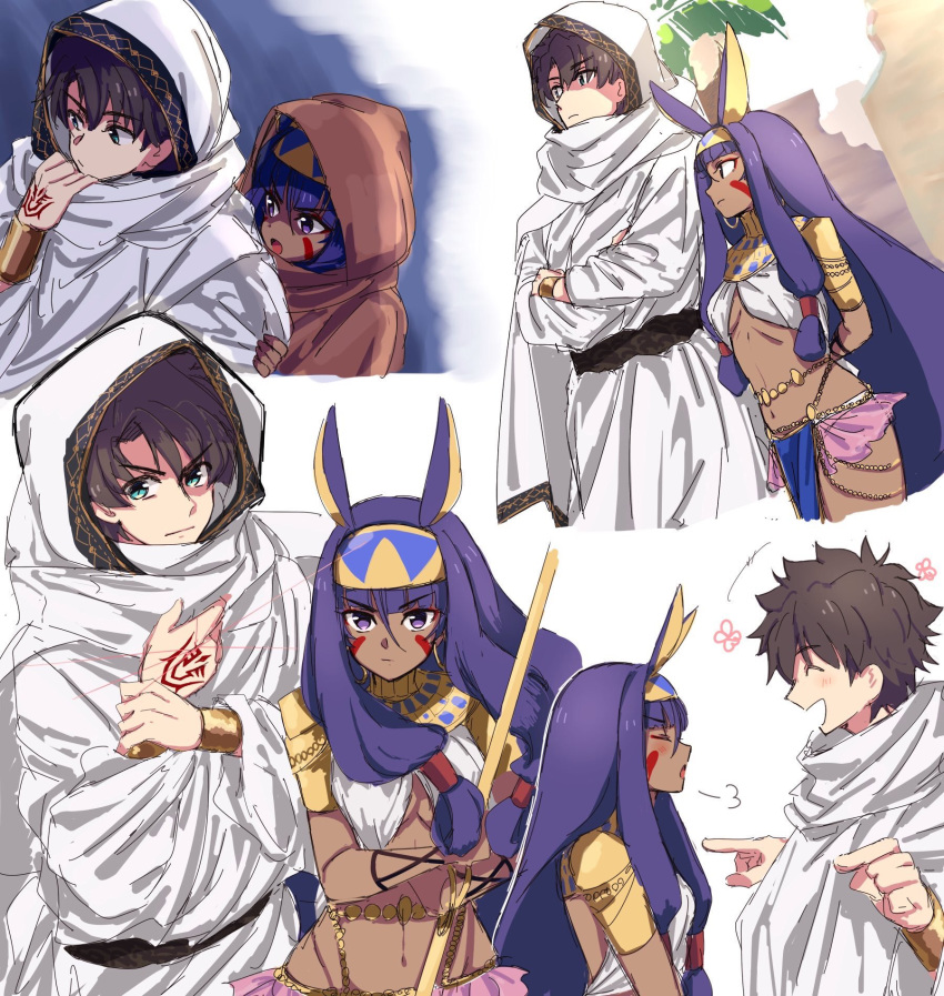 1boy 1girl animal_ears black_hair blue_eyes blush bracelet closed_eyes command_spell commentary_request dark_skin earrings egyptian egyptian_clothes facepaint facial_mark fate/grand_order fate_(series) fujimaru_ritsuka_(female) highres hooded_robe hoop_earrings jackal_ears jewelry laughing loincloth long_hair low-tied_long_hair midriff multiple_views navel nitocris_(fate/grand_order) nm222 purple_hair revealing_clothes very_long_hair violet_eyes
