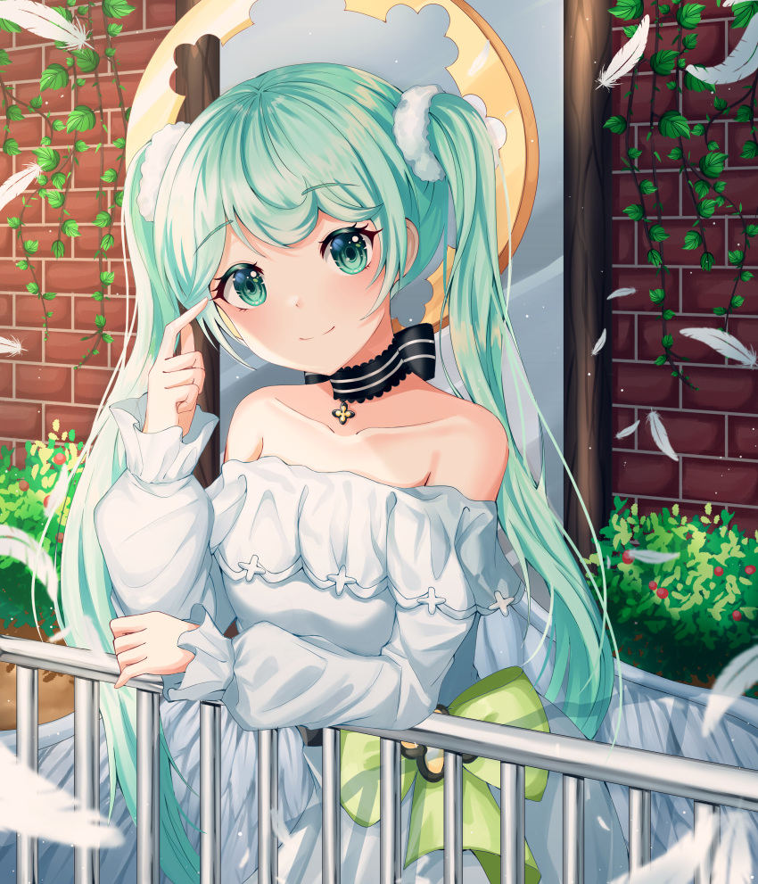 1girl absurdres angel angel_wings aqua_eyes aqua_hair arm_rest bare_shoulders bomhae brick_wall collar collarbone commentary cross cross_necklace dress feathers finger_to_head forever_7th_capital hair_ornament hair_scrunchie halo handrail hatsune_miku highres huge_filesize jewelry korean_commentary long_hair looking_at_viewer necklace plant railing scrunchie smile strapless strapless_dress twintails upper_body very_long_hair vines vocaloid white_dress window wings