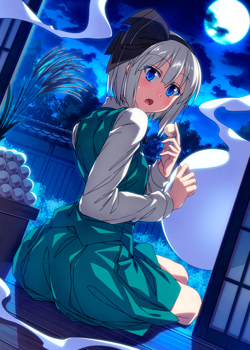 1girl arms_up blue_eyes bob_cut clouds commentary_request dango dutch_angle eyebrows_visible_through_hair food from_behind full_moon green_skirt green_vest hair_ribbon highres holding holding_food konpaku_youmu konpaku_youmu_(ghost) looking_at_viewer looking_back moon night night_sky open_door open_mouth outdoors ribbon sazanami_mio short_hair shouji silver_hair sitting skirt sky sliding_doors solo susuki_grass touhou tsukimi tsukimi_dango veranda vest wagashi