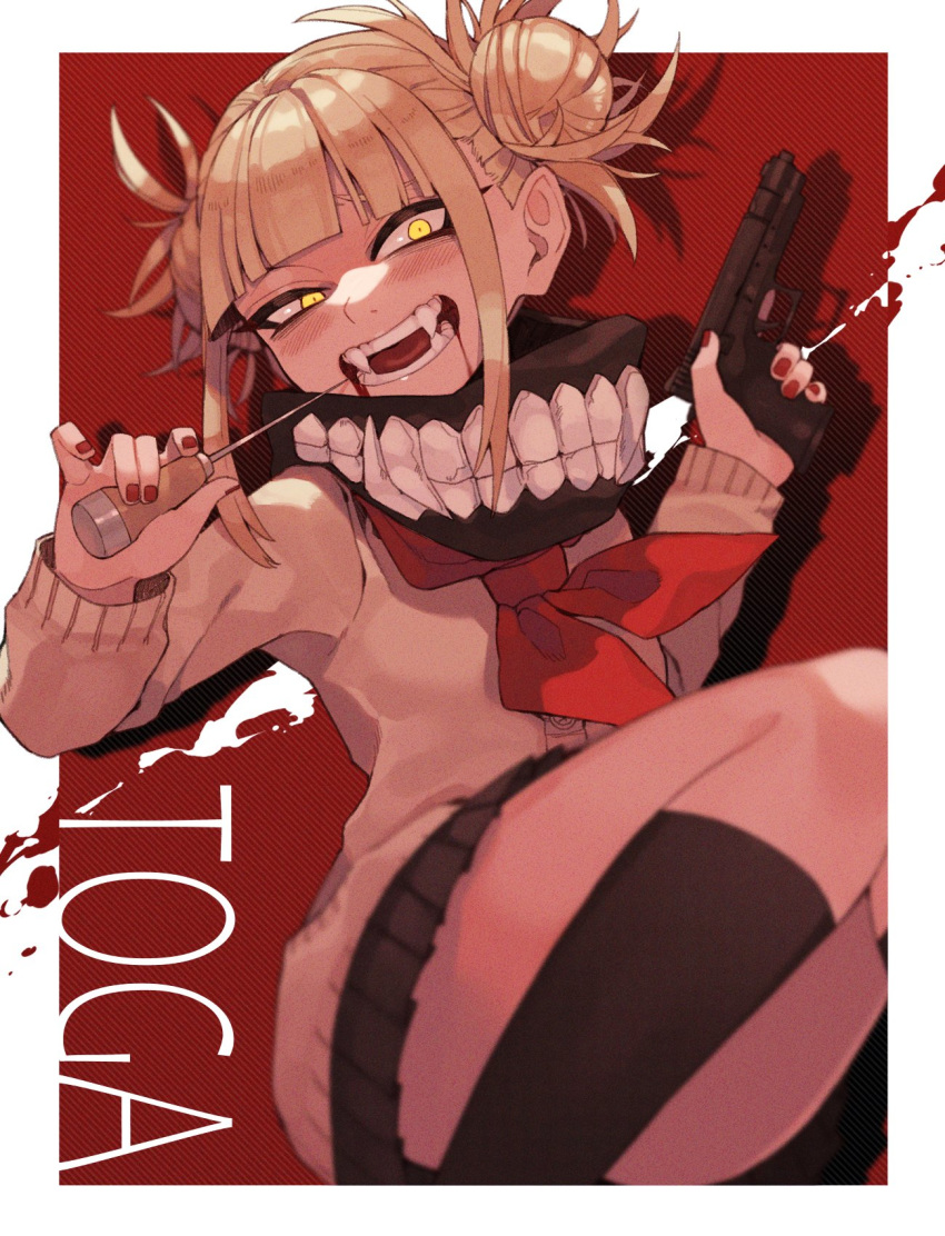 1girl bangs black_legwear black_skirt blonde_hair blood blood_from_mouth blunt_bangs blush boku_no_hero_academia cardigan character_name commentary double_bun fangs feet_out_of_frame gun handgun highres holding holding_gun holding_weapon long_sleeves looking_at_viewer neckerchief open_mouth pleated_skirt prat_rat red_background red_nails red_neckwear short_hair skirt smile socks solo toga_himiko trigger_discipline weapon yellow_eyes