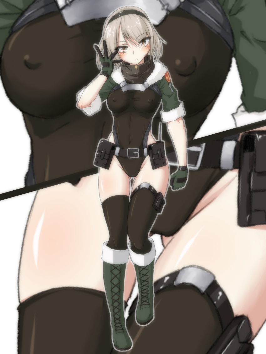 1girl alternate_costume bangs blush boots breasts close-up closed_mouth commentary_request cosplay covered_nipples cross-laced_footwear eyebrows_visible_through_hair fur_trim girls_frontline gloves grey_hair haidora_(haidorafdry) highres lace-up_boots leotard looking_at_viewer medium_breasts pouch pp-19_(girls_frontline) pp-19_(girls_frontline)_(cosplay) short_hair solo thigh-highs vector_(girls_frontline) yellow_eyes