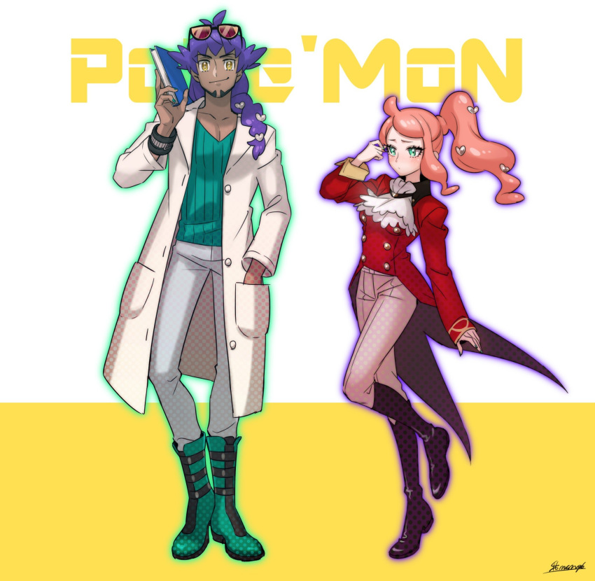 1boy 1girl aqua_eyes blush boots commentary cosplay costume_switch cravat dark_skin dark_skinned_male eyewear_on_head facial_hair hair_ornament heart heart_hair_ornament highres labcoat leon_(pokemon) leon_(pokemon)_(cosplay) long_hair mmssnn96 orange_hair pokemon pokemon_(game) pokemon_swsh purple_hair side_ponytail sonia_(pokemon) sonia_(pokemon)_(cosplay) sunglasses tailcoat yellow_eyes