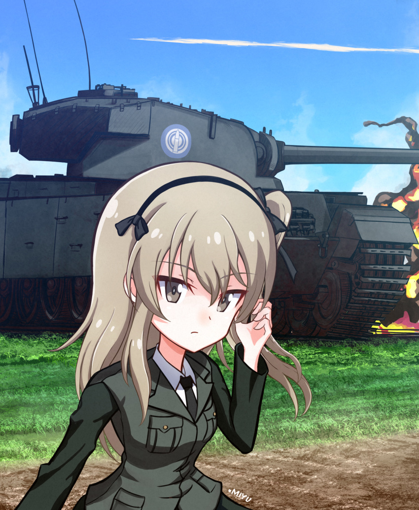 1girl artist_name breasts caterpillar_tracks centurion_(tank) clouds commentary_request day emblem girls_und_panzer grass ground_vehicle highres kuroten light_brown_eyes light_brown_hair long_hair military military_vehicle motor_vehicle necktie selection_university_(emblem) selection_university_military_uniform shimada_arisu shirt skirt sky tank