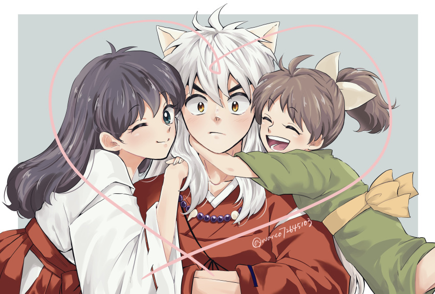 1boy 2girls absurdres animal_ears bead_necklace beads bow closed_eyes father_and_daughter hair_bow han'you_no_yashahime highres higurashi_kagome https://www.pixiv.net/en/artworks/83325110 inuyasha inuyasha_(character) japanese_clothes jewelry kimono long_hair multiple_girls necklace user_dkjr4553 younger