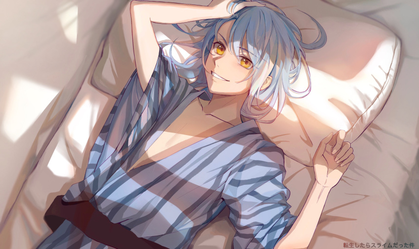 1other androgynous bangs bed bed_sheet blue_hair collarbone eyebrows_visible_through_hair hair_between_eyes hand_on_own_head highres japanese_clothes kimono long_hair looking_at_viewer lying on_back open_mouth pillow rimuru_tempest sash shusuzu smile solo tensei_shitara_slime_datta_ken wide_sleeves yellow_eyes yukata